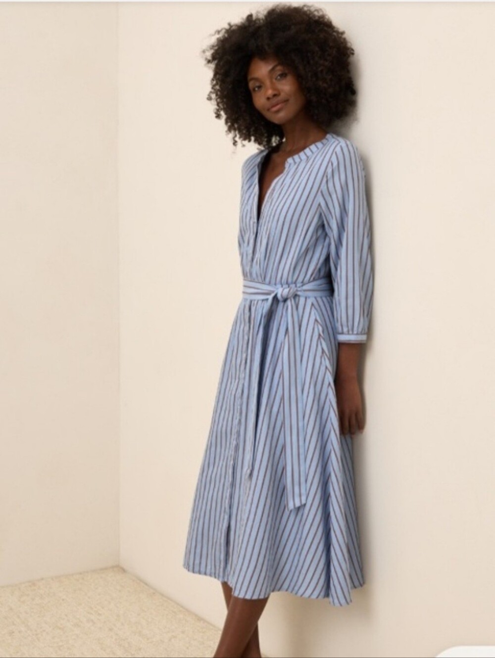 Pact Blue and White Striped Button-Front Midi Dress with Tie Belt